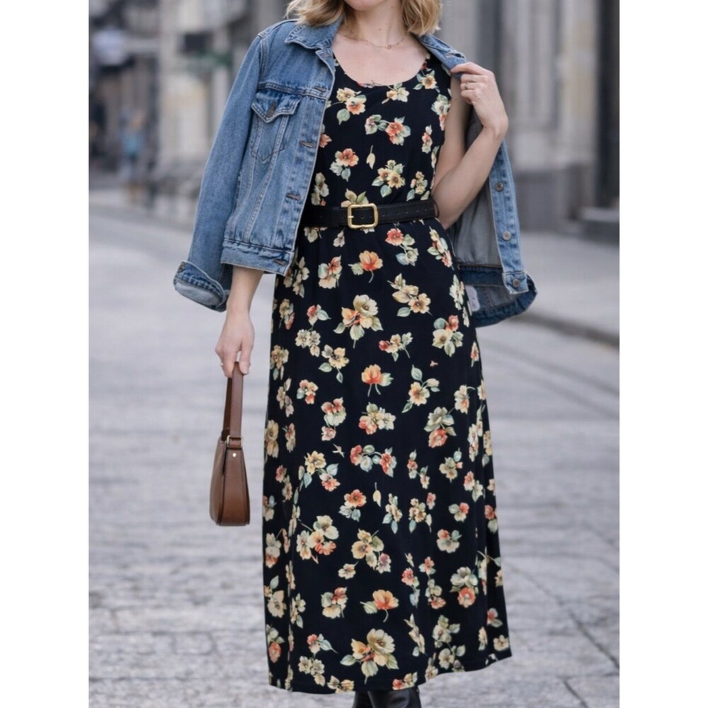 Vintage 90s Floral Maxi Dress Rayon Sleeveless Black Cottagecore Y2K M/L